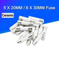100PCS 5*20MM/6*30MM  Fast blow Ceramic Fuse  250V 0.1A 0.25A 0.5A 1A 1.5A 2A 2.5A 3A 3.15A 4A 5A 6A