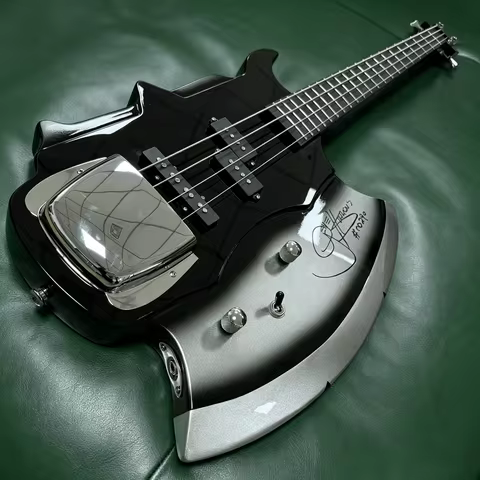 US Warehouse Axe Shape 4 String Electric Bass Guitar Gloss Black Body with Silver Blade Panel Signat