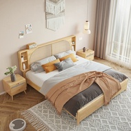 【Free Shipping】Solid Wooden Bed Frame Queen/King Size Bedframe With Mattress Rattan Headboard Wooden Bedframe