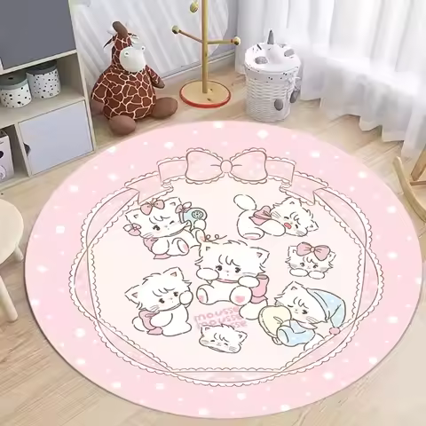 Round Pink Dot Cartoon Cat Carpet for Living Room Bedroom Cute Cat Patterns Anti Slip Rug Room Decor