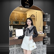 Women's t-shirt with turn-down collar and long sleeves in stretch fabric with outstanding buttons, b