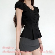 Dode.mall Women's French Style Short-Sleeved Shirt Decorated With Lace There Is A V-Neck And Fitted 