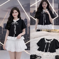 Zip shirt with bow and elegant ruffles at the neck and hem, women's shirt to wear to school and work