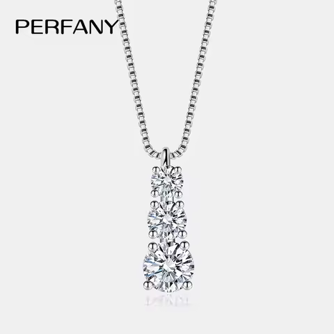 PERFANY 1.8CT Moissanite Necklace for Women S925 Pure Silver 3-Stone Laboratory Cultivated Diamond P