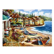 Cetakan Kanvas Lukisan Minyak Pemandangan Bot Rumah Bandar Kecil Tepi Tasik - Poster & Cetakan Peman