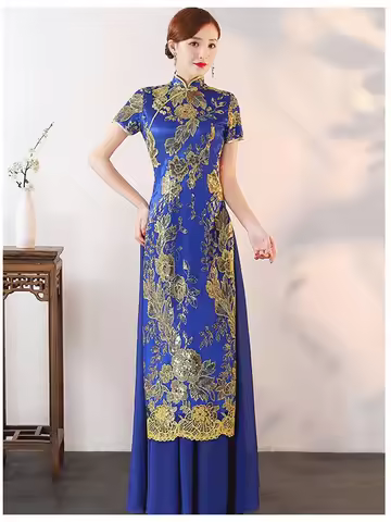 2025 Ao Dai Cheongsam Luxury Chinese Style Dress Sequin Embroidery Stage Show Costume Women Oriental