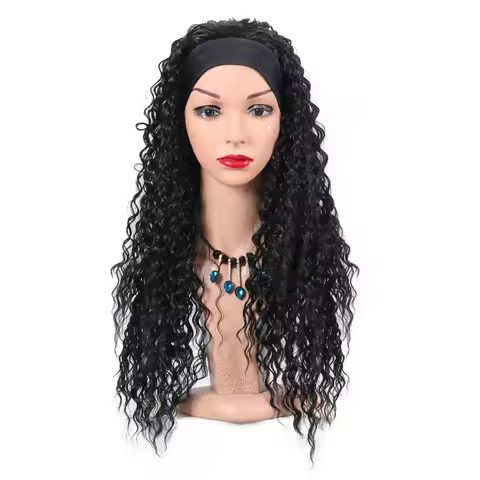 Black Women's Headband Wig, African Small Curly Synthetic Wig, Long Curly Hair