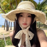 Summer Lace Ribbon Straw Hat Female Seaside Vacation Big Brim Sun Hat Small Face Travel Sunscreen Be