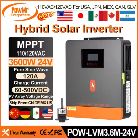 PowMr 3.6KW Hybrid Solar Inverter 24V to 110V 120V With Pure Sine Wave 120A MPPT Solar Charge Contro