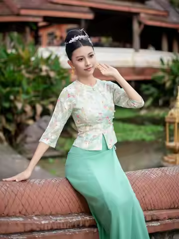 2pcsThailand Long-gyi Skirt Dai Ethnic Clothing Slimming Thin Green Floral Sequin Summer Sarong Dai 