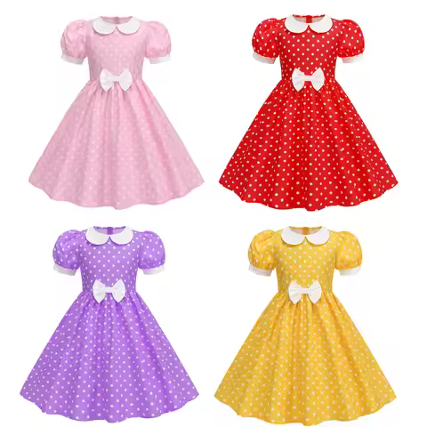 Kids Girls Vintage Dress Puff-sleeve Polka Dots Daily Birthday Tea Party Dress 1950s 40s Swing Dress