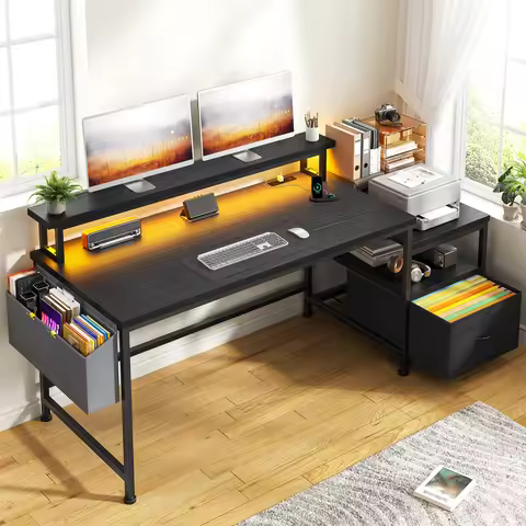 EnHomee Computer Desk with Drawers, LED Lights & Power Outlets, 57 Inch Multifunctional Office Desk 