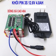 Khối pin 3S 12.6V 4AH Dòng xả cao 40A. Mua kèm sạc nhanh Lithium 3S 12.6V 2A. Khối pin được đóng từ