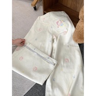 新品现货日系可爱凯蒂猫刺绣图案牛仔裤女2025设计感宽松阔腿百搭裤子Japanese Cute Hello Kitty Embroidered Pattern Jeans for Women20251
