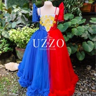 UZZO Philippine Flag Inspired Modern Filipiniana Dress Outfit Ball Gown for Kids School Students Buw