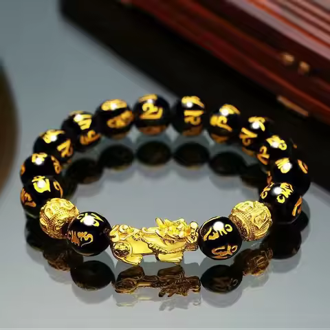 Men Obsidian Pi Xiu Bracelet 24K Gold, AU999 - Obsidian Accents AU999, Pi Xiu Enhances Aura, Underst