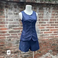 Women's clothing set, women's jean shirt set Sleeveless Wrapped buttons mixed with jean shorts for g