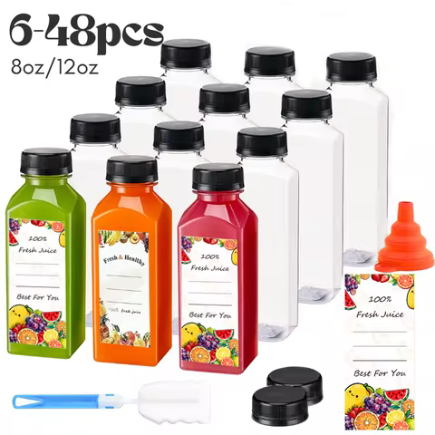 6-48Pcs Plastic Juice Bottles with Caps 8oz/12oz Clear Reusable Beverages Container with Lids Smooth