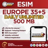 eSIM Europe 35+5 Daily Unlimited 500 MB Data | eSIM Activated Instantly
