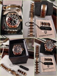 Pagani Design GMT玫瑰金鋼錶，兩地時間/日期顯示，黑色錶盤和雙色錶圈。另加配橡膠錶帶，2錶耳及帶扣共三配件。2025/4買，99%新較少戴。