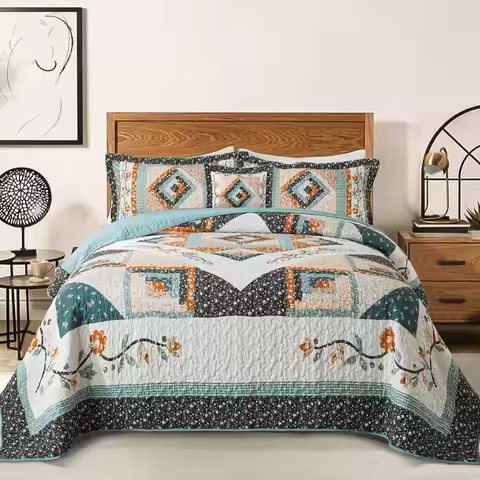 Cotton King Size Quilt Sets, Lightweight King Quilt Bedding Set 98 x 106 inch Garden Style Floral Be