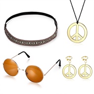 Hippie Costume Set Funky Afro Headband Sunglasses Peace Sign Necklace For 50/60/70s Theme Party