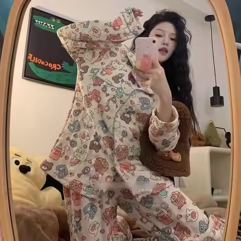 Hello Kitty Cardigan Pajamas Set Cotton Women Homewear Outdoor Wearable Autumn Winter Long Sleeve Th