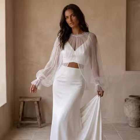 Customized Bridal Cover Up Full Sleeves Mesh Wedding Cape Overlay Sheer Bridal Bolero Tulle Bridal W