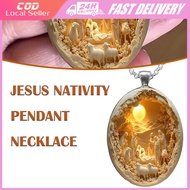 Glassy Alloy Nativity Scene Necklace Religious Jesus Birth Charm Jewelry For Christmas, Easter Jewel