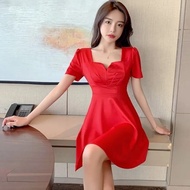 Korea Lengan Pendek Square/V Nck Mini Dress Dress Wanita Pesta Hitam