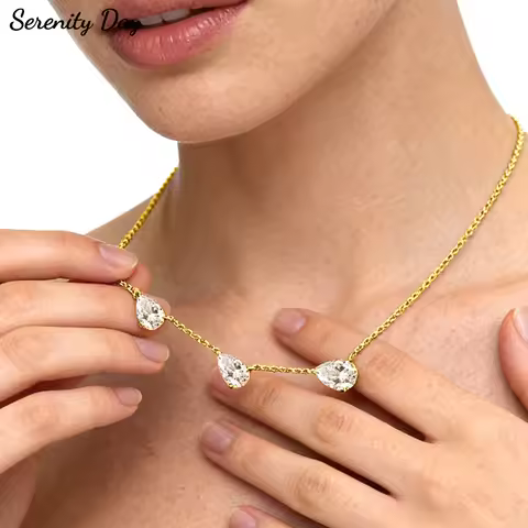 Serenity 3 Gems Gradient Moissanite Necklace for Women Girl 9ct Pear Cut Luxury Pendant S925 Sterlin