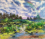 Rainbow River Pond Forest Original Impasto Art 油畫藝術家 Svinar Oksana