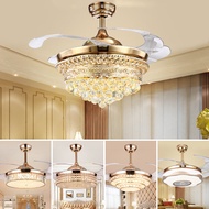 European Crystal Fan Lamp Dining Room Ceiling Fan Lights Living Room Bedroom Invisible Fan-Style Ceiling Lamp Modern Fan with Remote Control