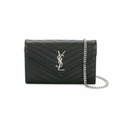 Yves Saint Laurent Cassandre Matelassé In Grain De Poudre Embossed Leather Chain Wallet for Women in Black/Sliver (377828-BOW02-1000)