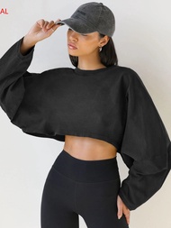 Womens Cropped Crewneck Sweatshirt Short Sports Base Layer T-Shirt Knitted Drop Shoulder Loose Long 