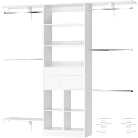 5FT Closet Organizer System with Wooden Drawers, 60 Inches Walk In Closet System with 5 Hanging Rods
