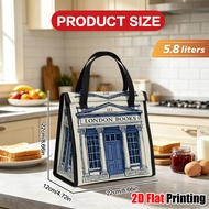 2d Flat, 1pc Classic London Bookstore Facade Printed Thermal Insulated Lunch Bag, Portable Refrigera