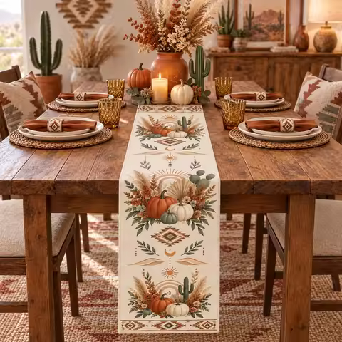 Autumn Pumpkin Table Runner Boho Desert Style Floral Leaf Pattern Long Dining Tablecloth Thanksgivin