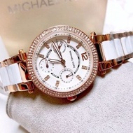 Michael Kors MK手錶 MK6261 MK6110 白色陶瓷鑲鑽三眼計時防水石英女錶