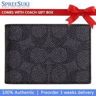 Coach Men Men Wallet In Gift Box Compact Billfold Wallet In Signature Canvas Charcoal Black # CW368