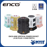 Enco 4U8K (8 Gang)  / 4U6K (6 Gang) Vertical Tower Extension Socket UK Plug Adapter with 4 USB Port 