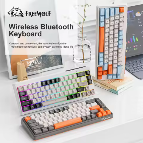 FREE WOLF M68 Gaming Wireless Keyboard Bluetoot Tri-Mode Connection PBT Ball Cap Rainbow Light