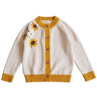 Girls Sunflower Embroidery Knitted Cardigan 1-7Yrs Kids Sweater Autumn Winter Round Neck Sweater Children's Knitting Coat Tops