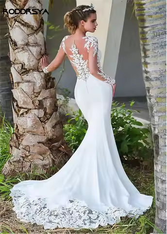 RODDRSYA Long Sleeves Sheer Lace Appliques Mermaid Wedding Dresses Bridal Gowns See Through Back Wit
