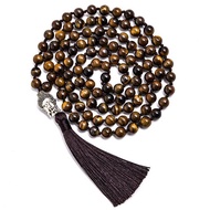 ZZOOI 8mm Yellow Tiger Eye Knotted 108 Mala Beaded Necklace Meditation Yoga Prayer Rosary with Buddh