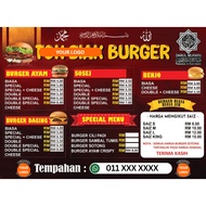 STIKER MENU BURGER/ DESIGN SPECIAL MENU/SOSEJ/BURGER SOTONG/AYAM CRISPY/HARGA IKUT SAIZ/HANTAR NAMA 
