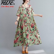 THHONE Oversize Dresses Boho Print Flower Plus Size Floral Summer Beach Dress Korean Cotton Ladies D