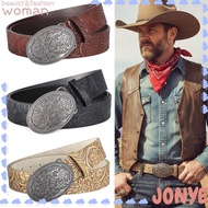 JONY Western Cowboy Belt, Retro Vintage Carved Buckle Embossed Belt, Fashion Y2K PU Leather Punk Roc