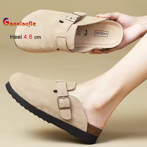 2025 Summer Apricot Heels 4.6cm Women's Shoes Thick Heels Round Head Ladies Pumps Cow Suede Boken Sl