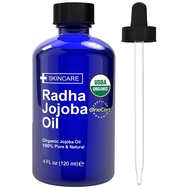 Radha Beauty USDA Certified Organic Jojoba Oil, 4 fl oz. - 100% Pure Unrefined Cold Pressed Jojoba - Great Carrier Oil for Moisturizing Hair, Skin, &amp; Nails